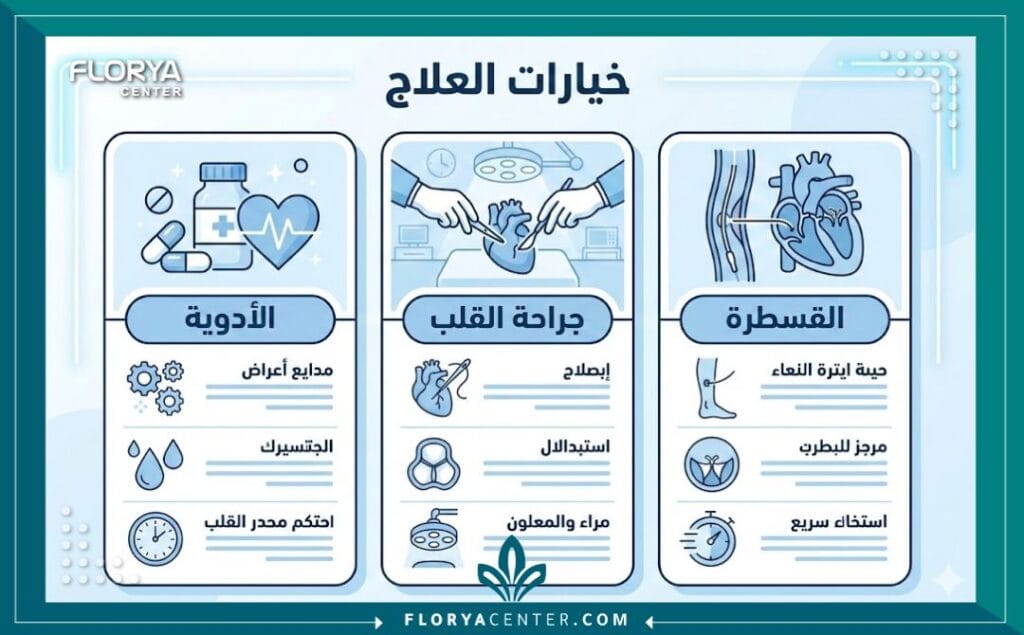 إنفوجرافيك يوضح خيارات علاج ارتجاع الصمام الميترالي بما في ذلك الأدوية والجراحة والقسطرة.