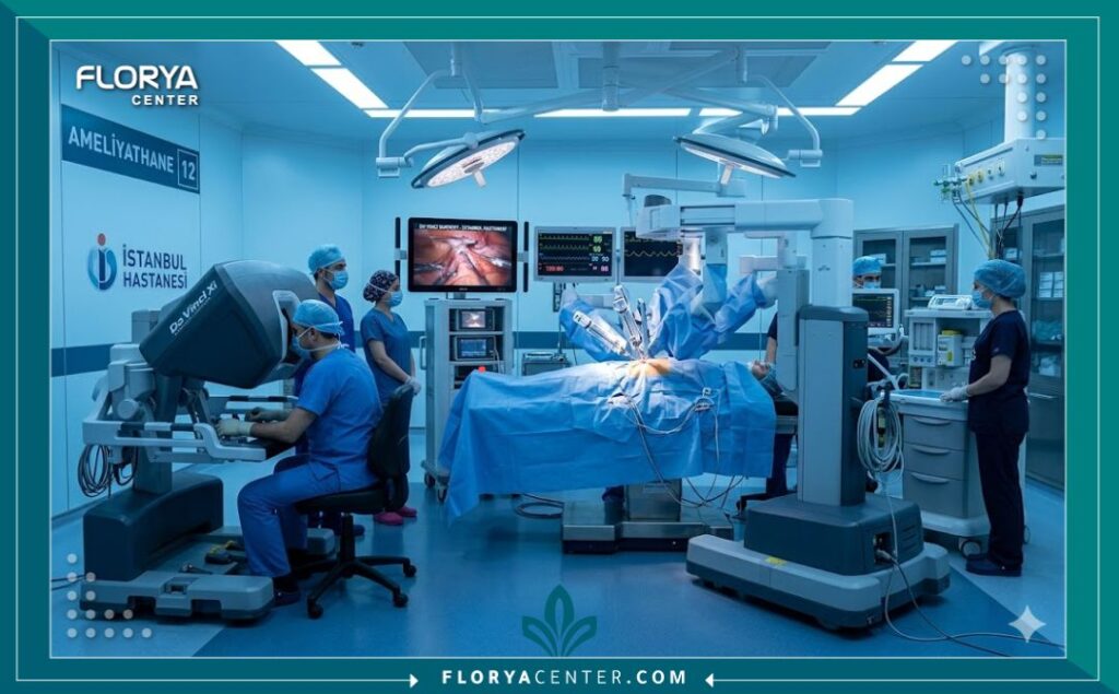 غرفة عمليات متطورة تستخدم الجراحة الروبوتية لعلاج البروستاتا في أفضل مستشفيات تركيا.