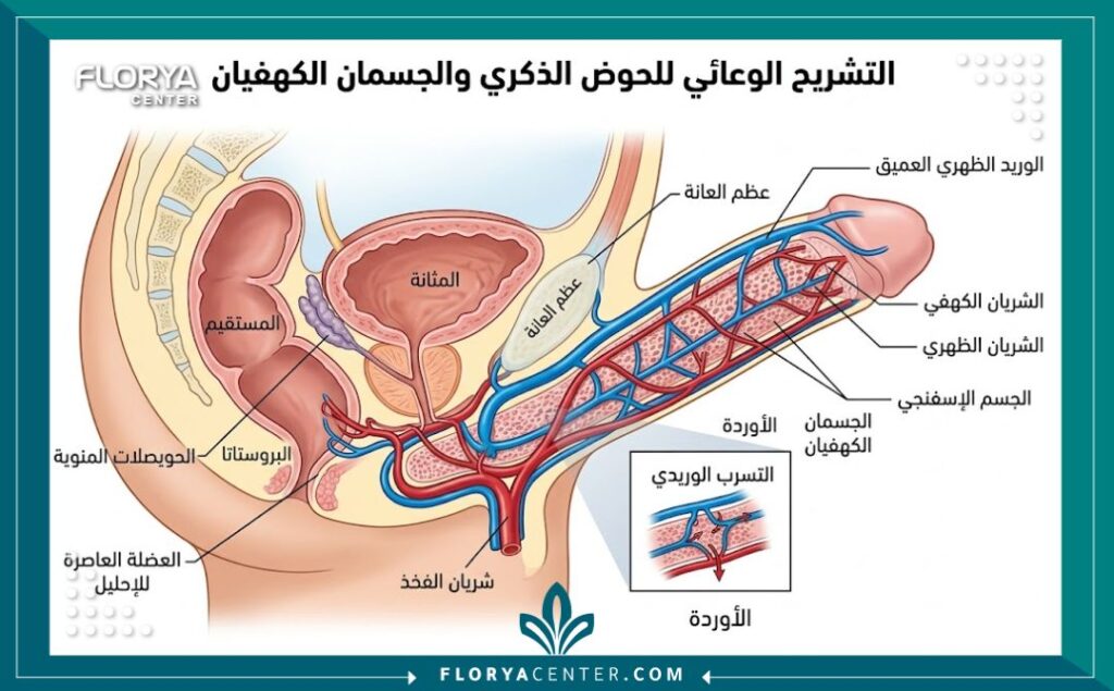 مخطط طبي تشريحي يوضح تأثير التسرب الوريدي على الانتصاب وآلية عمل الأوعية الدموية.