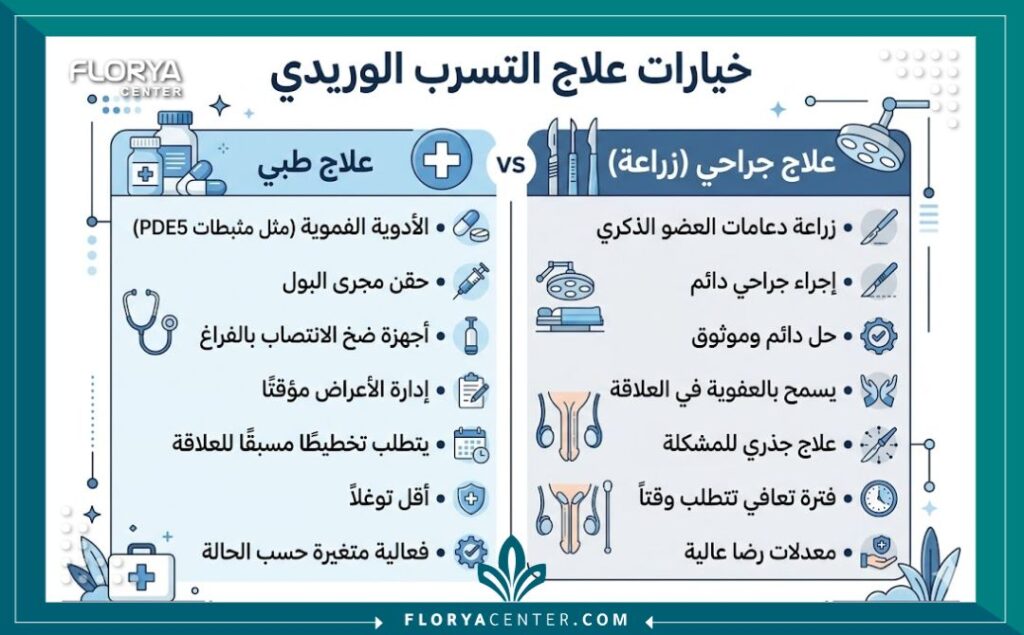 انفوجرافيك يوضح الفرق بين العلاج الدوائي والجراحي (زراعة الدعامة) لعلاج التسرب الوريدي جراحياً.