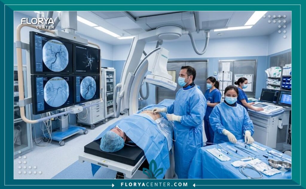 غرفة عمليات حديثة للاشعة التداخلية حيث يُجرى علاج التشوهات الوعائية المعقدة بواسطة قسطرة الانصمام.