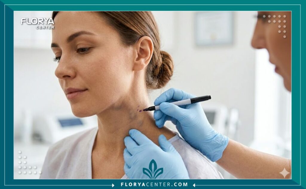 صورة مقربة لمريضة تستعد لعلاج تشوه وعائي وريدي في الرقبة تحت إشراف طبي متخصص.