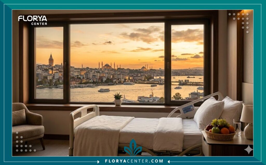 إطلالة بانورامية على مضيق البوسفور من غرفة تعافي فاخرة في مستشفى باسطنبول بعد إجراء علاج التشوهات الوعائية.