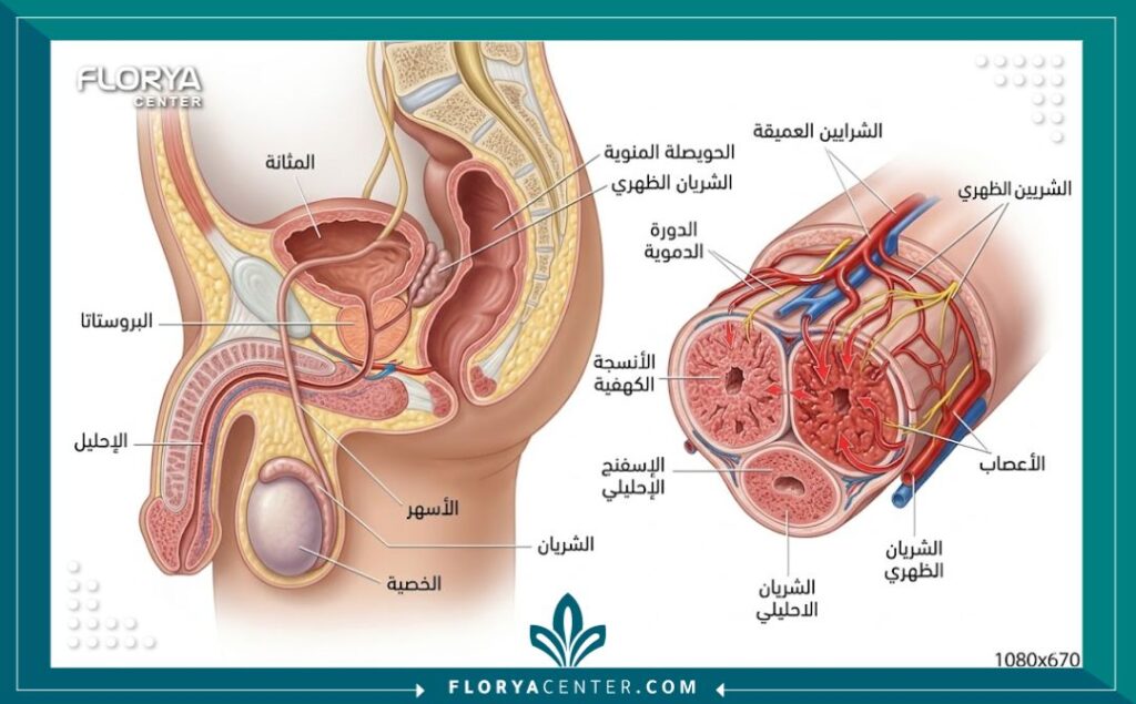 رسم توضيحي طبي يوضح آلية عمل العضو الذكري وتأثير الدورة الدموية في علاج الضعف الجنسي.