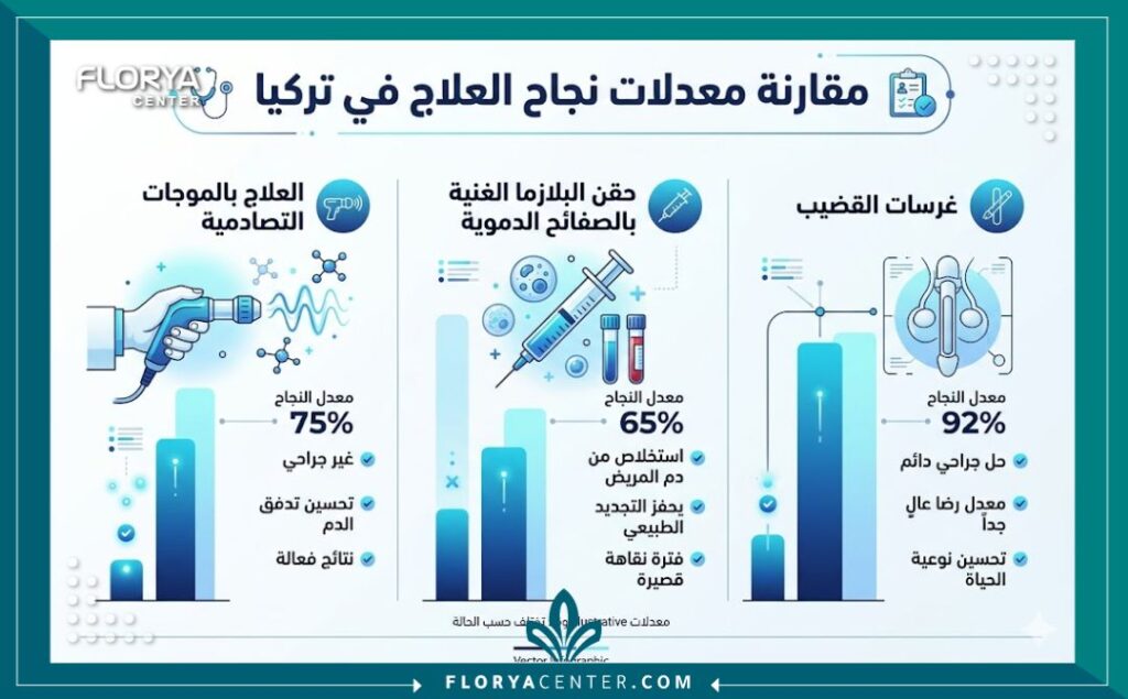 إنفوجرافيك يوضح مقارنة ونسب نجاح تقنيات علاج الضعف الجنسي المختلفة في مراكز تركيا.