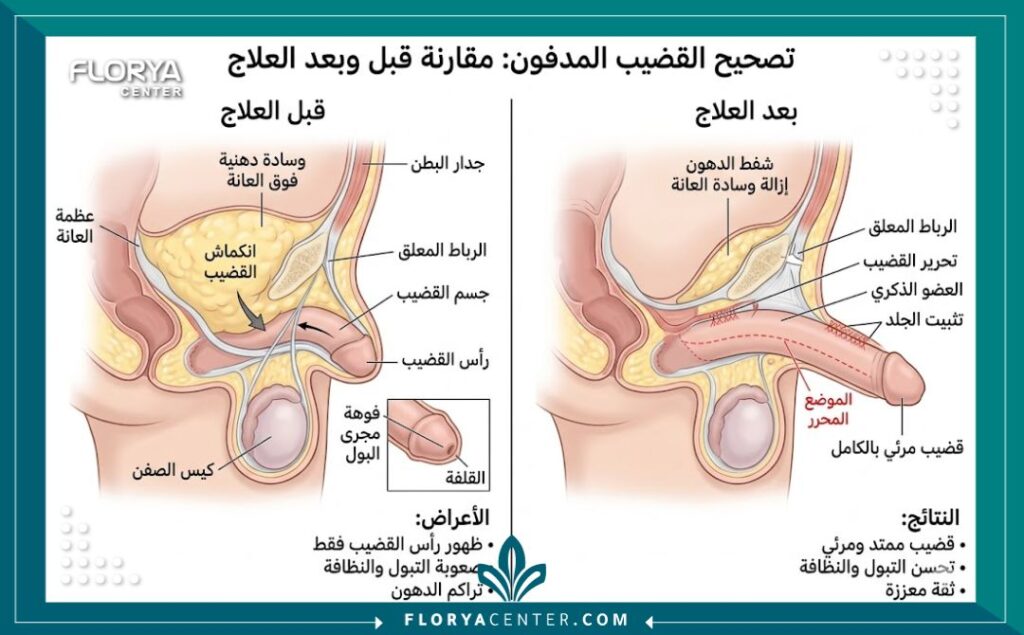 رسم تخطيطي طبي يوضح تشريح العضو الذكري المدفون والفرق بين الحالة قبل وبعد الجراحة التصحيحية بوضوح.