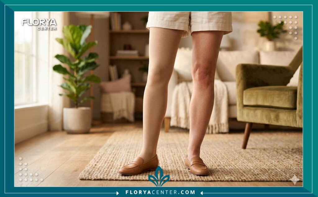 لقطة مقربة جمالية تظهر ساقًا ترتدي جوارب ضاغطة طبية، وهي جزء أساسي من علاج الوقاية من القرحة الوريدية.
