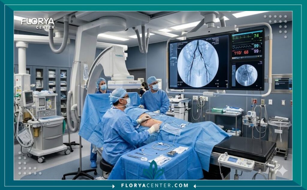داخل غرفة عمليات متطورة مخصصة لإجراء قسطرة وتوسيع شرايين الساق المسدودة.