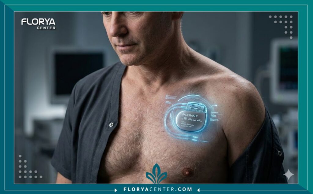 توضيح لموقع تركيب جهاز منظم ضربات القلب كأحد الحلول الفعالة لعلاج بطء دقات القلب.