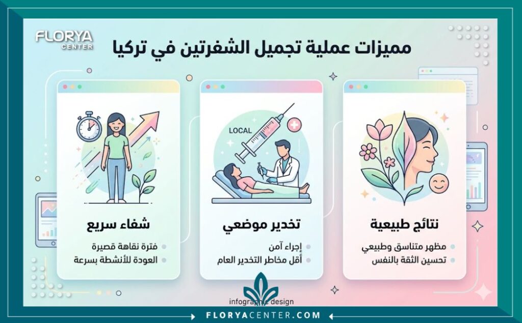 إنفوجرافيك يوضح مميزات وخطوات علاج تباين الشفرتين في تركيا في العيادات التركية.