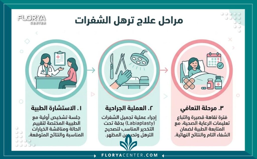إنفوجرافيك يوضح مراحل عملية تجميل الشفرات في تركيا من الاستشارة حتى التعافي.