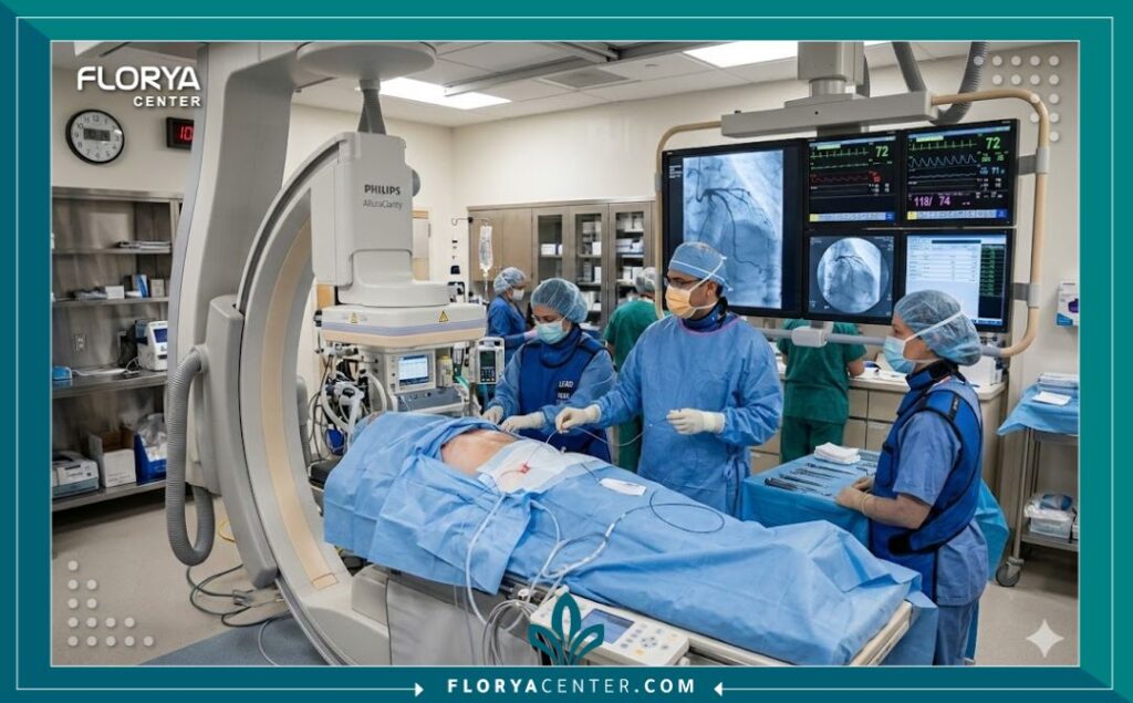 نظرة من داخل غرفة القسطرة القلبية الحديثة أثناء إجراء عملية كي لعلاج اضطراب النبض.