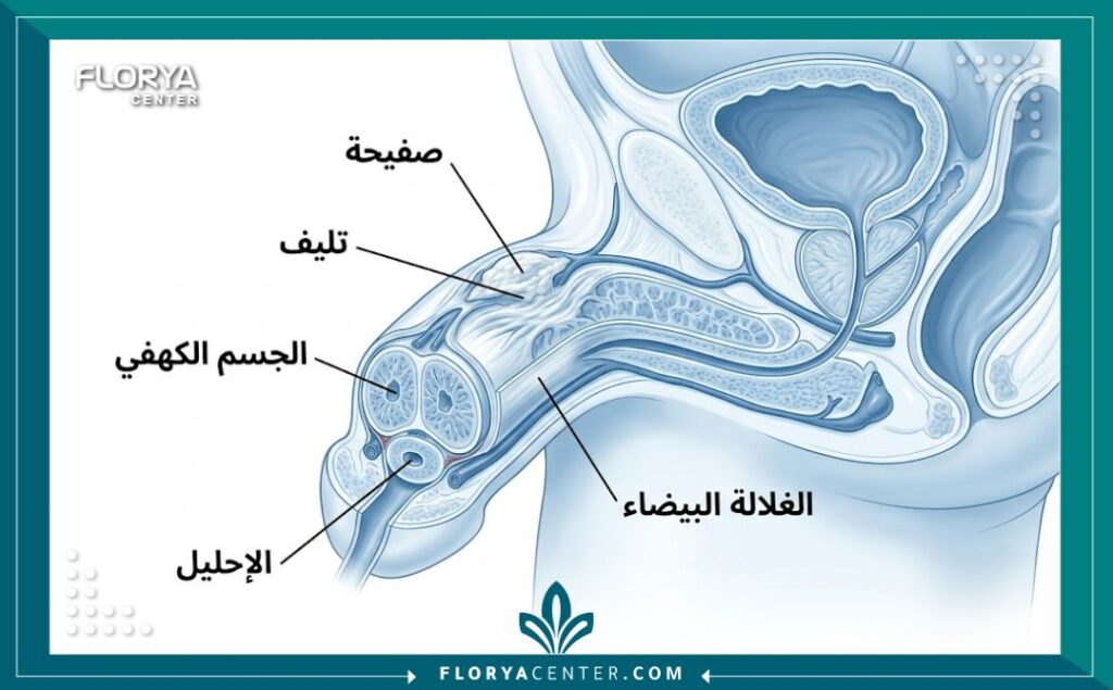 رسم تخطيطي طبي يوضح أماكن التليف واللويحات في العضو الذكري وطرق علاجها طبياً.