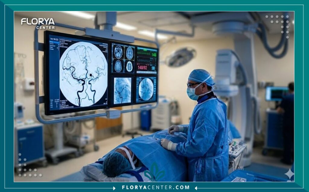 غرفة عمليات متطورة مجهزة بأحدث التقنيات لعلاج تمدد الأوعية الدموية الدماغية بالقسطرة.