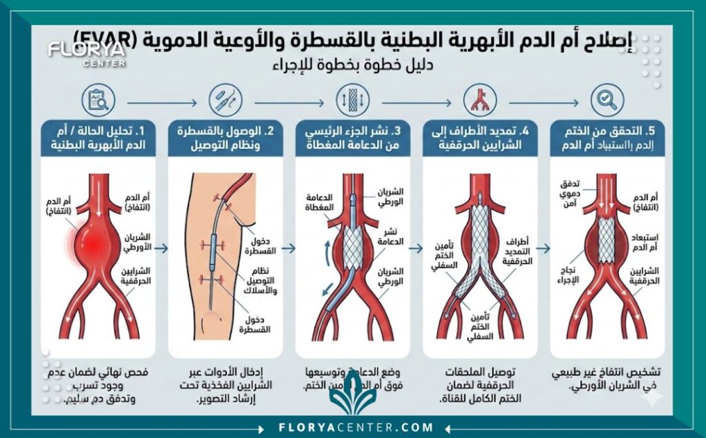 إنفوجرافيك توضيحي لخطوات عملية إصلاح تمدد الشريان الأورطي البطني بالقسطرة والدعامة.