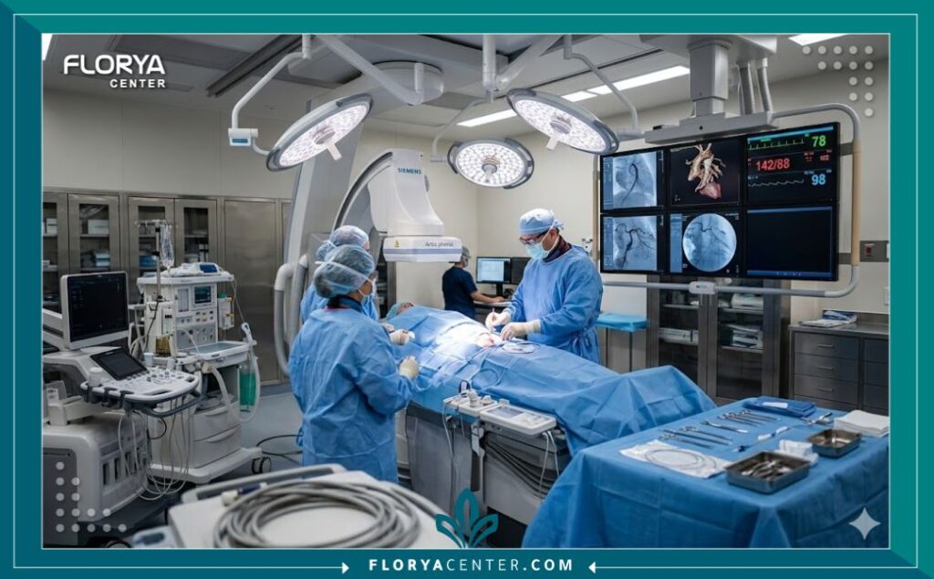 غرفة عمليات هجينة متطورة مخصصة لعلاجات الشريان الأورطي المعقدة في مستشفى حديث.