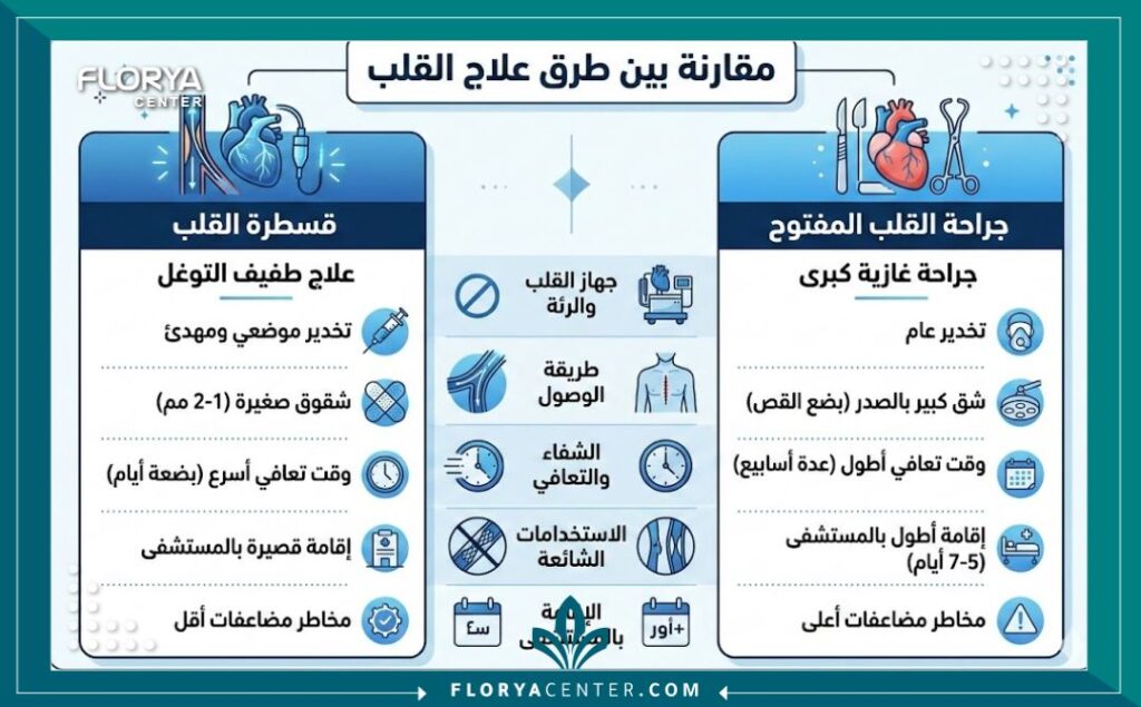 إنفوجرافيك يقارن بين علاج ثقب القلب للكبار عن طريق القسطرة والتدخل الجراحي التقليدي.