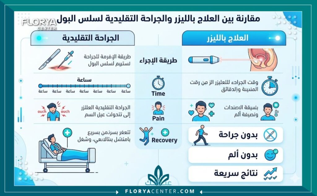 إنفوجرافيك يوضح مميزات علاج سلس البول بالليزر مقارنة بالجراحة التقليدية في تركيا.