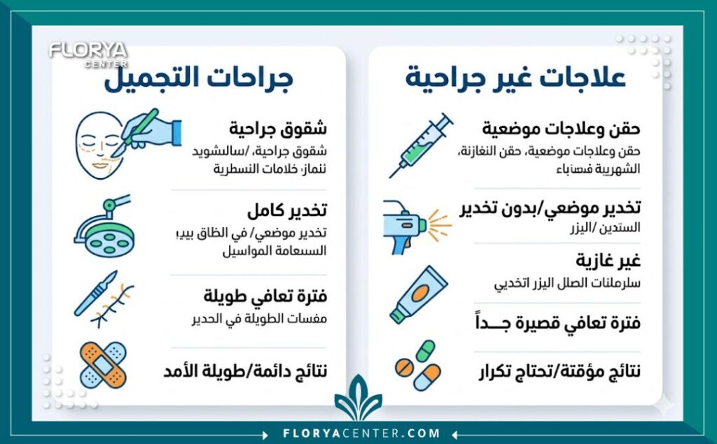 علاج صغر العضو الذكري 3 إنفوجرافيك يوضح مقارنة بين العلاجات الجراحية وغير الجراحية لمشكلة صغر العضو الذكري.