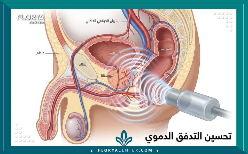 مخطط طبي يوضح آلية تحسين التدفق الدموي باستخدام الموجات التصادمية لعلاج الضعف الجنسي.