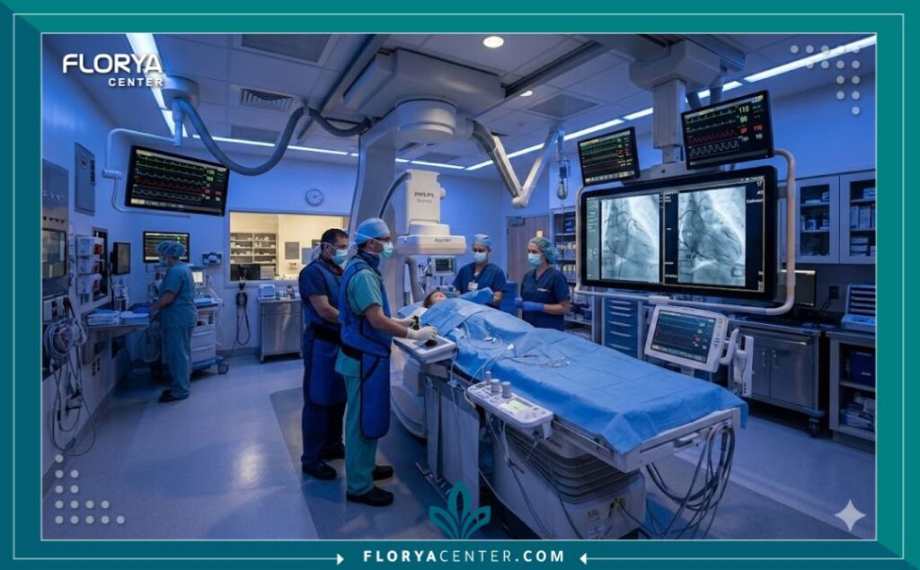 غرفة قسطرة قلب متطورة ومجهزة بأحدث التقنيات لعلاج عيوب القلب الخلقية وضيق الشريان الرئوي.