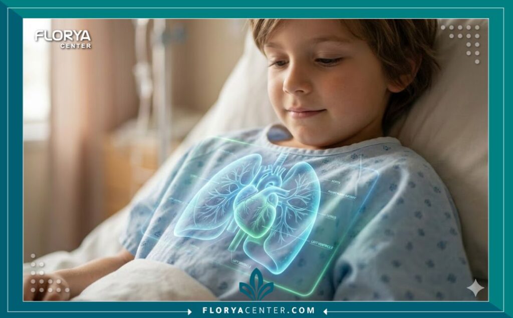 لقطة مقربة تركز على منطقة القلب لطفل يتماثل للشفاء بعد عملية ناجحة لعلاج تضيق الشريان الرئوي.