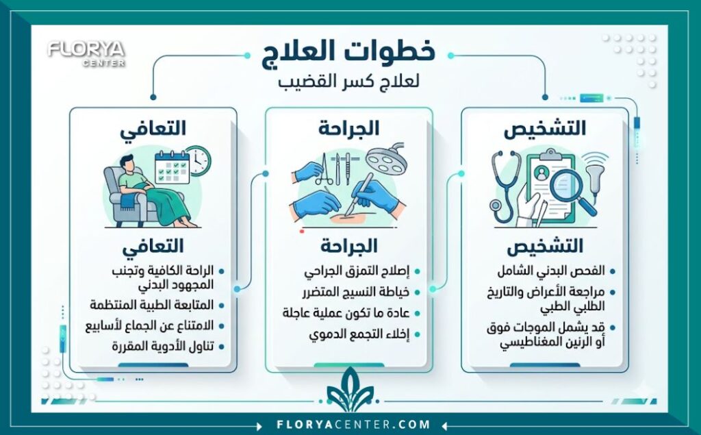 إنفوجرافيك يوضح مراحل تشخيص وعلاج كسر القضيب من الفحص السريري إلى التعافي في تركيا.