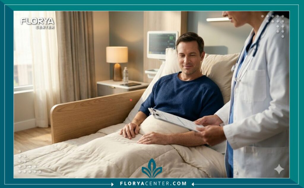 مريض يتلقى العناية الطبية والاهتمام في جناح التعافي بعد عملية إصلاح كسر القضيب في اسطنبول.