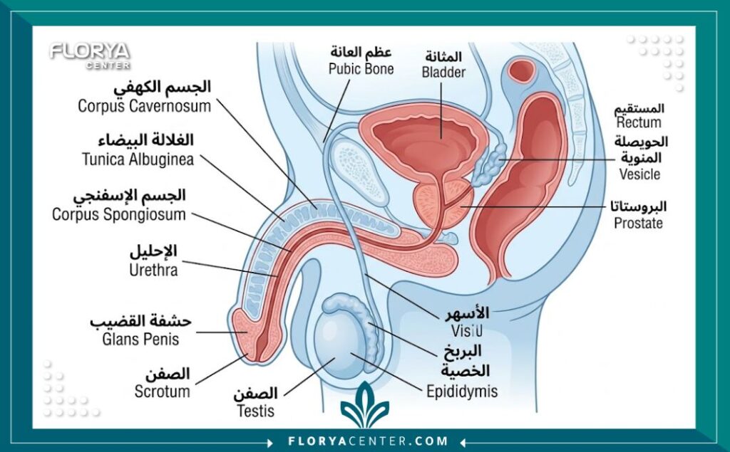 رسم توضيحي طبي يوضح تشريح العضو الذكري وموقع التمزق في الغلالة البيضاء عند حدوث الكسر.