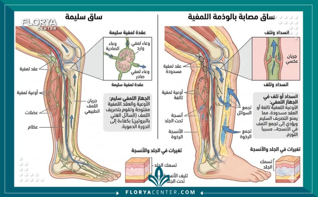 رسم تخطيطي طبي يوضح الفرق بين الساق الطبيعية والساق المصابة بالوذمة اللمفية (الليمفيديميا) وأماكن تجمع السوائل.