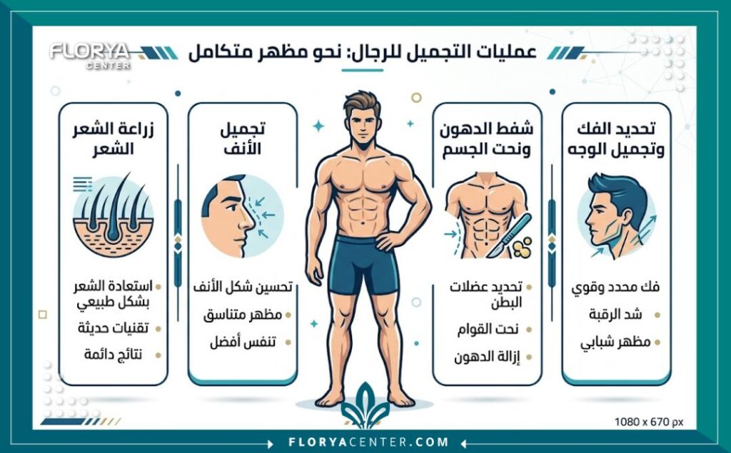 إنفوجرافيك يوضح أشهر أنواع عمليات التجميل الذكورية زراعة الشعر ونحت الجسم وتجميل الوجه.