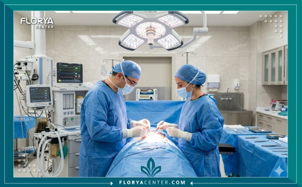 غرفة عمليات معقمة وأطباء جراحين يجرون عملية تجميل في عيادة تجميل حديثة ومجهزة.