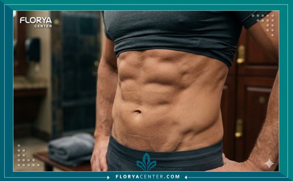 عضلات بطن منحوتة لرجل بعد عملية شفط الدهون ونحت الجسم الديناميكي للرجال.