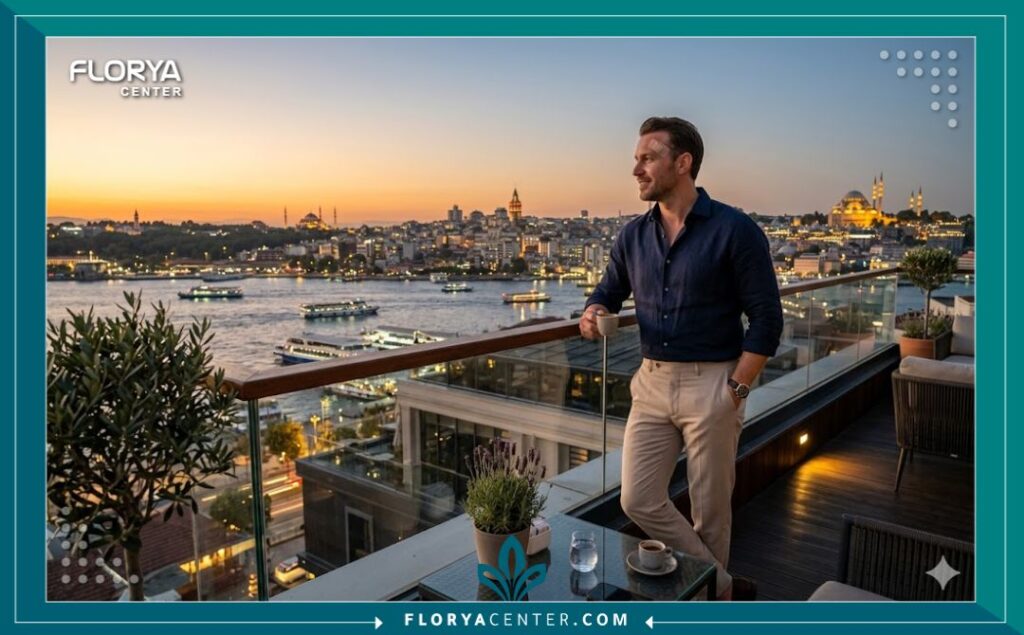 رجل يستمتع بالتعافي في إسطنبول بعد إجراء عمليات تجميل للرجال في تركيا، إطلالة البوسفور.