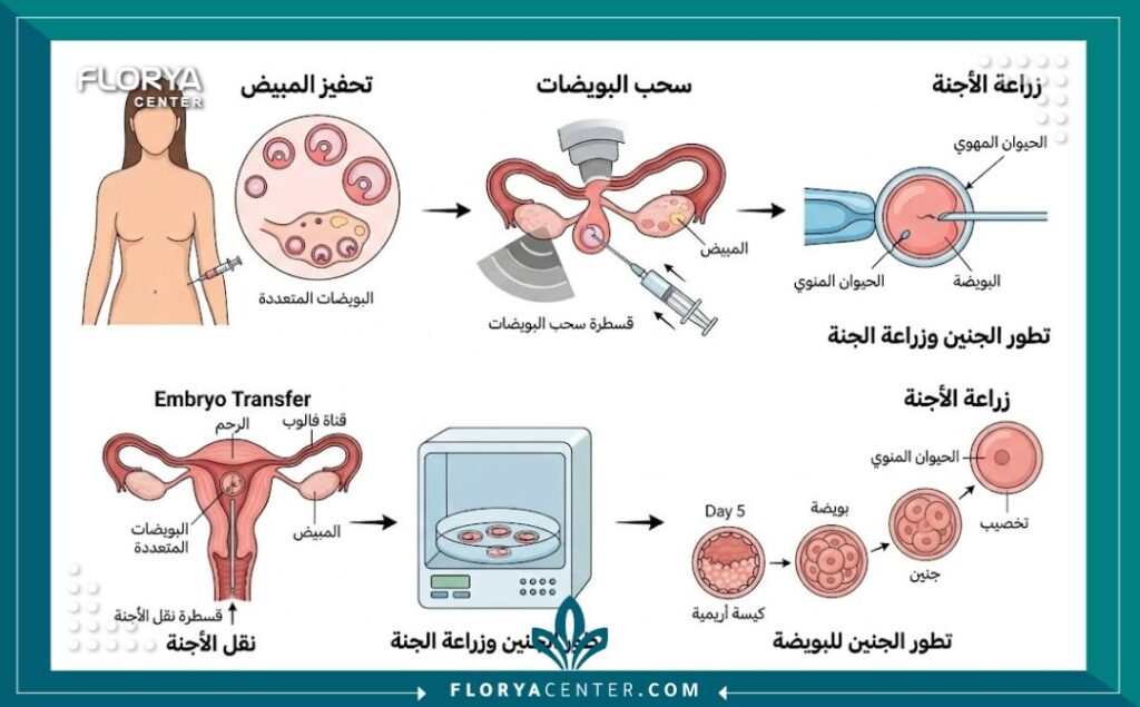 رسم بياني طبي توضيحي لمراحل عملية أطفال الأنابيب: تنشيط المبايض، سحب البويضات، التخصيب المخبري، زراعة الأجنة ونقلها إلى الرحم.