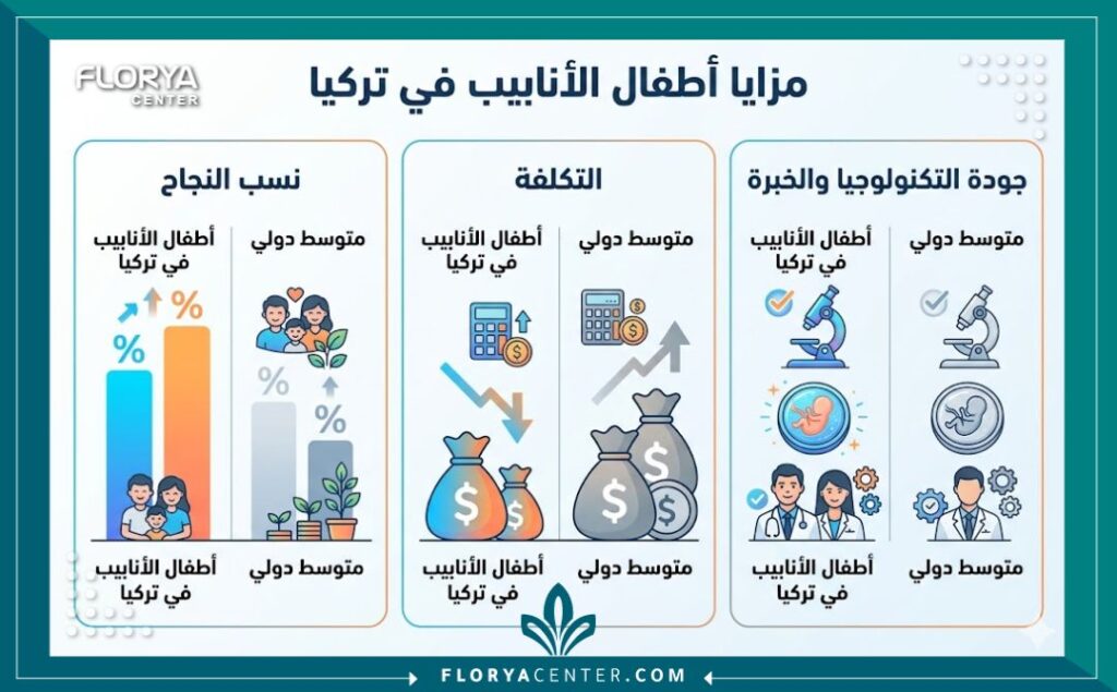 انفوجرافيك مقارنة مزايا عملية أطفال الأنابيب تركيا مقابل المعدلات الدولية: نسب النجاح، التكلفة، جودة التكنولوجيا الطبية والخبرة.