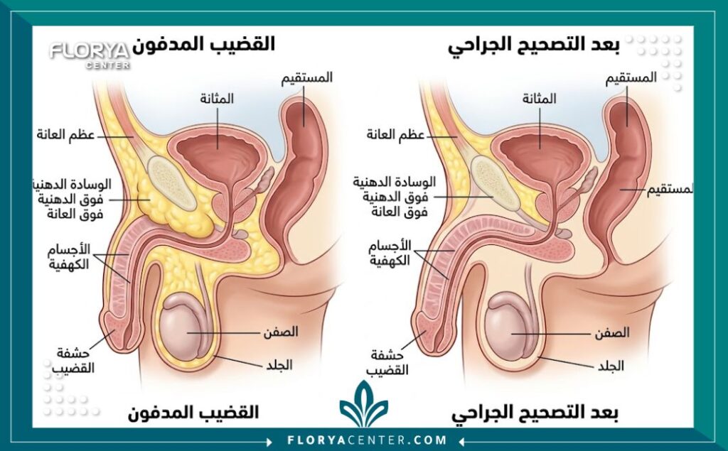 رسم تخطيطي طبي يوضح تشريح العضو الذكري المدفون قبل وبعد العملية الجراحية.