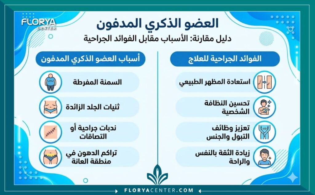إنفوجرافيك يوضح أسباب العضو الذكري المدفون وفوائد عملية الإصلاح التجميلي والوظيفي.