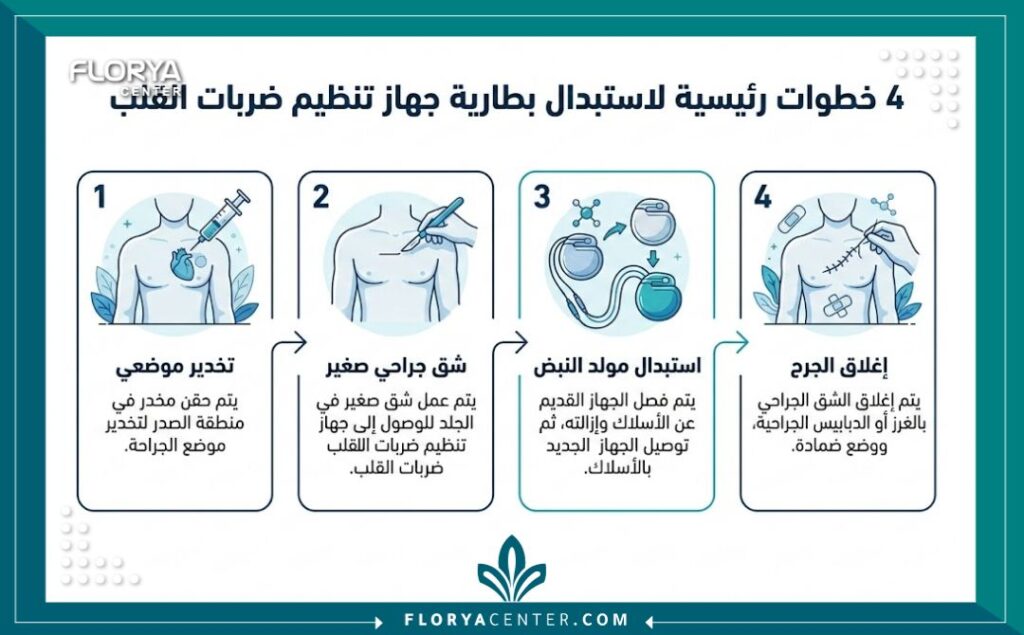 إنفوجرافيك يشرح خطوات عملية استبدال بطارية القلب بالتفصيل وباللغة العربية.