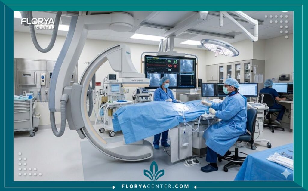غرفة عمليات حديثة مجهزة بأحدث التقنيات لإجراء جراحة استبدال جهاز تنظيم ضربات القلب.
