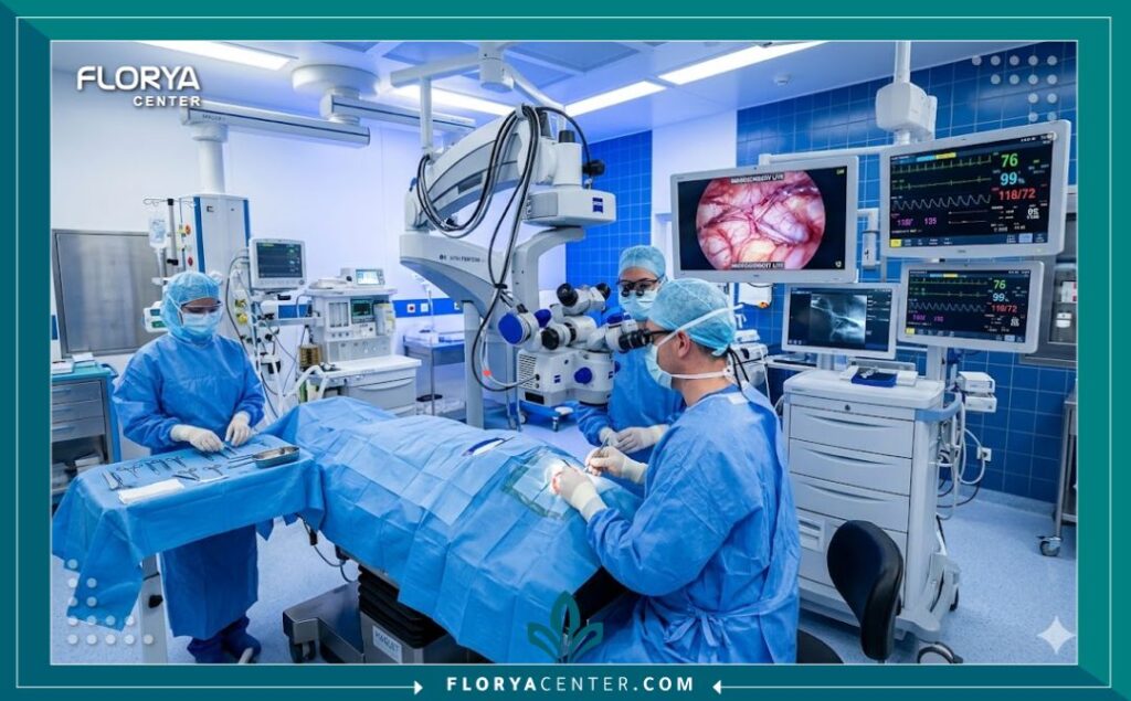 غرفة عمليات مجهزة بأحدث الميكروسكوبات الجراحية لإجراء عمليات الأعصاب الدقيقة.