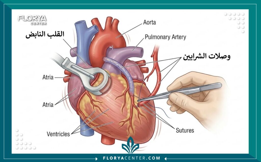 مخطط طبي تشريحي يوضح كيفية إجراء جراحة تحويل مجرى الشريان التاجي بدون توقف القلب.