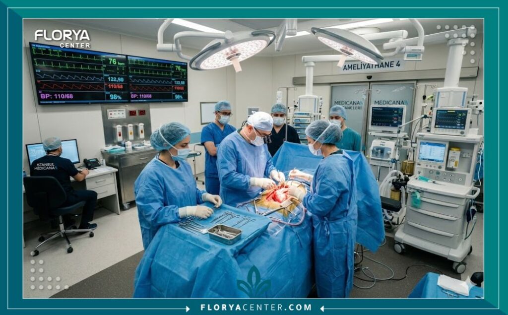 داخل غرفة العمليات لأحد مستشفيات تركيا أثناء إجراء جراحة قلب مفتوح بتقنية القلب النابض.