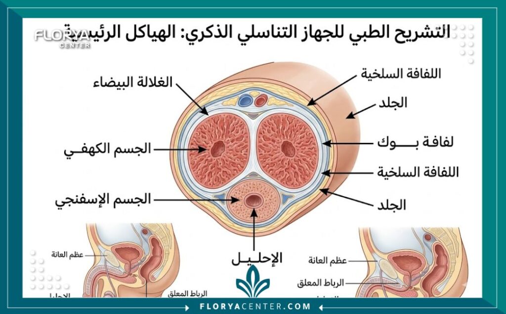 رسم توضيحي طبي لتشريح العضو الذكري يوضح الهياكل الداخلية وعلاقتها بعمليات تضخيم العضو الذكري في تركيا.