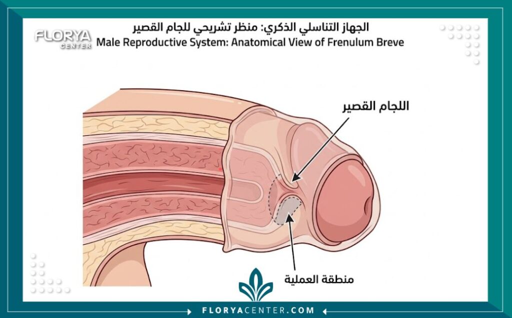 رسم تخطيطي طبي يوضح حالة اللجام القصير والحاجة لعملية تطويل اللجام.