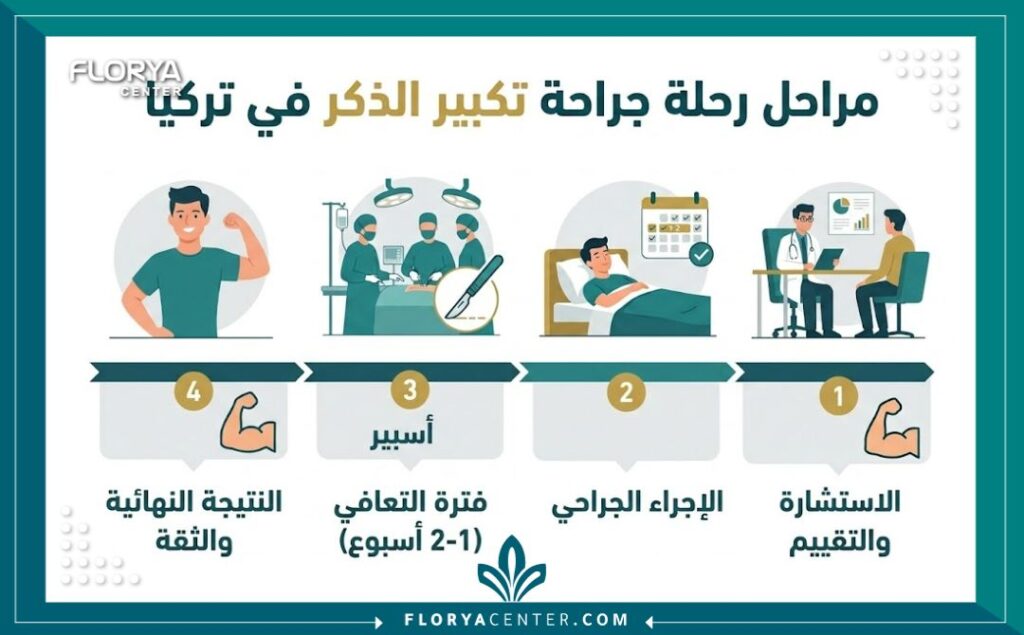 إنفوجرافيك يوضح خطوات عملية تكبير الذكر جراحياً في تركيا من الاستشارة إلى التعافي والنتيجة.
