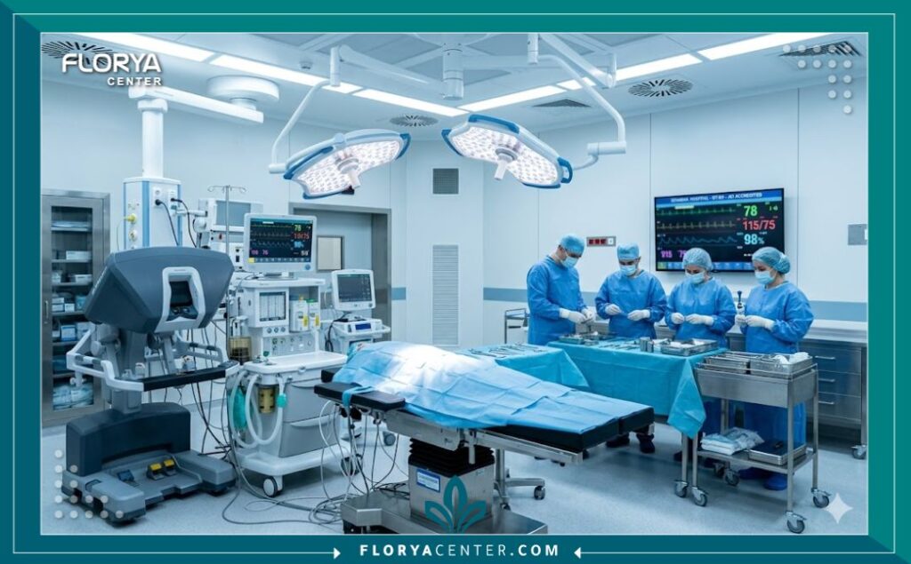 غرفة عمليات حديثة ومعقمة في مستشفى تركي مرموق مجهز لجراحات التجميل للرجال في اسطنبول.