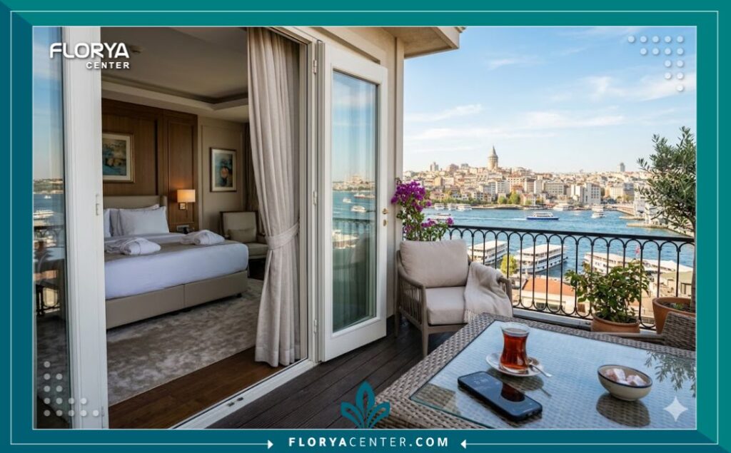 إطلالة فاخرة من غرفة تعافي في مستشفى باسطنبول تطل على البوسفور، تبرز تجربة السياحة العلاجية في تركيا.