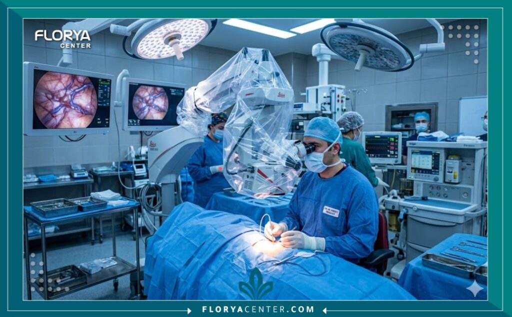 غرفة عمليات متطورة ومجهزة بالميكروسكوب الجراحي لعلاج دوالي الخصية في إسطنبول.