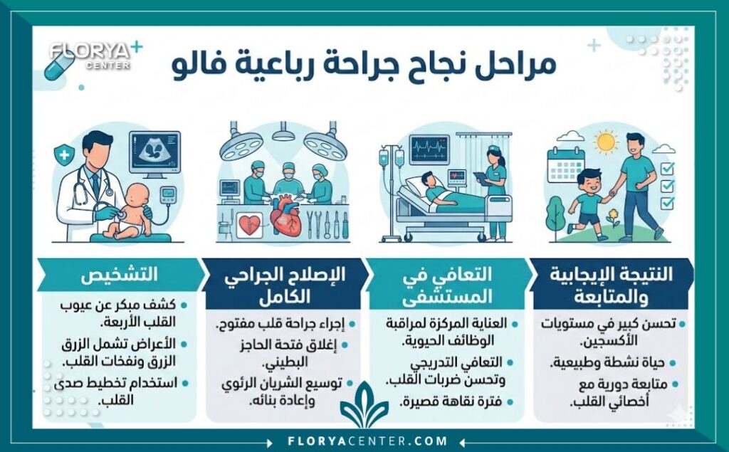 إنفوجرافيك يوضح مراحل علاج ونسبة نجاح عملية رباعية فالوت.